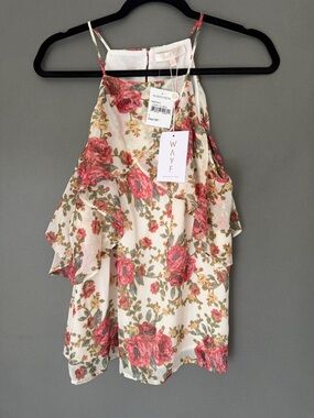 WAYF Cream Floral Ruffle Halter Cami with Pink Roses